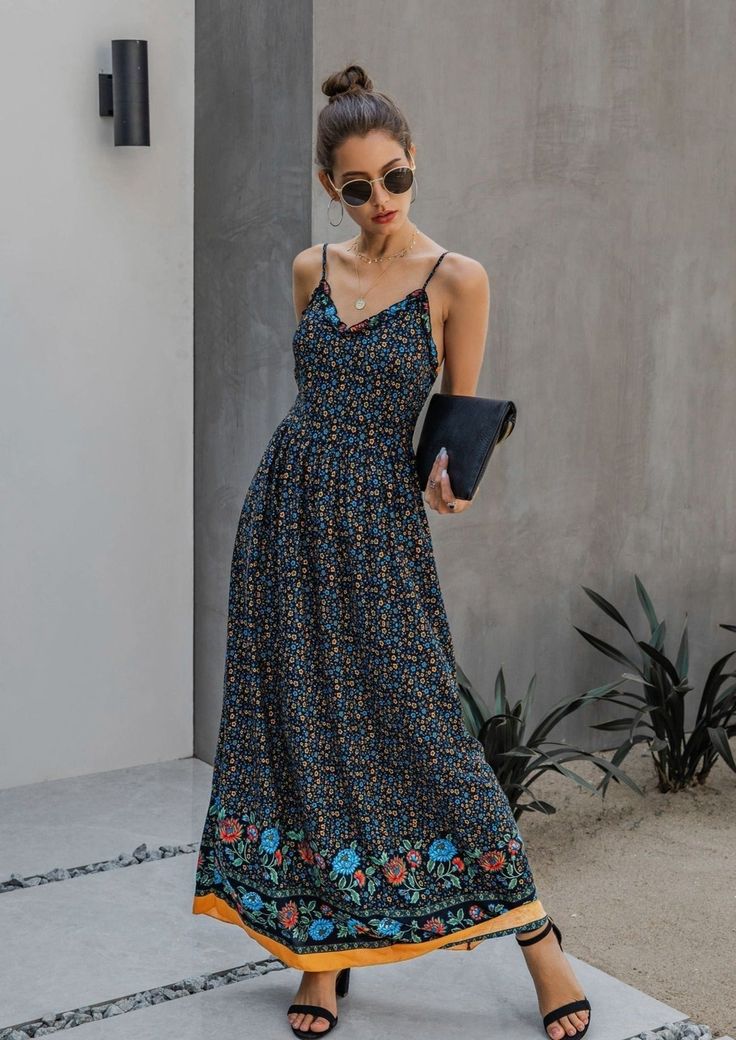 The Emes Shop dress is detailed with a cute floral print. Features a v neck line. spaghetti straps. ruffle neck detail. flowy dress. and maxi length. Pair it with stilettos and sunnies for a glamorous look.MATERIAL:100%Cotton MEASUREMENTS:Dress Length is 50"-52"in Small | Bust: 37"-39"in & Waist: 28"-30"in Medium | Bust: 39"-41"in & Waist: 30"-32"in Large | Bust: 41"-43"in & Waist: 32"-34"in X Large | Bust: 43"-45"in & Waist: 34"-36"in MEASUREMENTS:Dress Length is127-133 cm Small | Bust: 93"-98" V Neck Maxi Dress, Hippie Look, Shop Dress, Ankle Length Dress, Flowy Maxi Dress, Dressy Outfits, Bohemian Clothes, Flowy Dress, Summer Maxi Dress