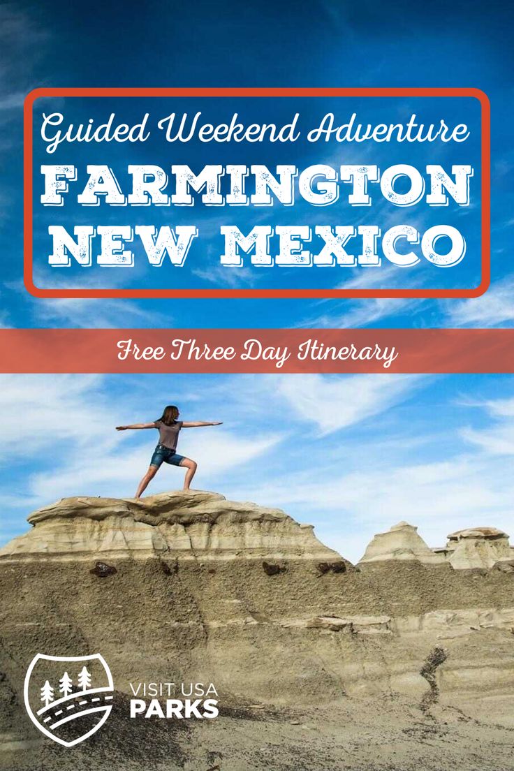 a person jumping in the air on top of a rock formation with text reading guided weekend adventure farmington new mexico free three day