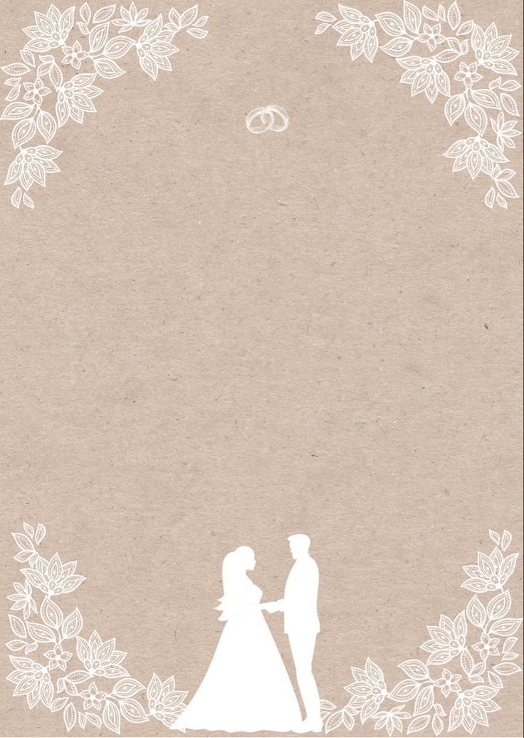 a wedding card with the silhouette of a bride and groom in front of a floral frame