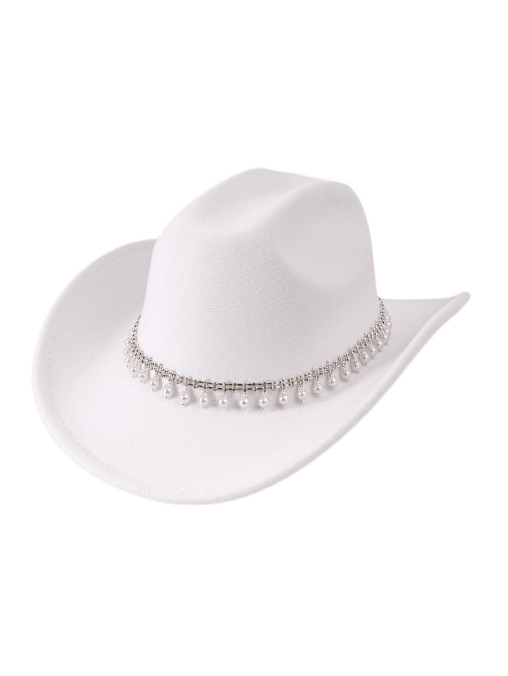 White  Collar  Polyester   Embellished   Women Accessories White Cowboy Hat Decorated, Cowboy Hats For Women Western Style, Embellished Cowboy Hat, White Cowgirl Hat, Sombrero Cowboy, Cowboy Hats Women, Cowgirl Bride, White Cowboy Hat, White Hats