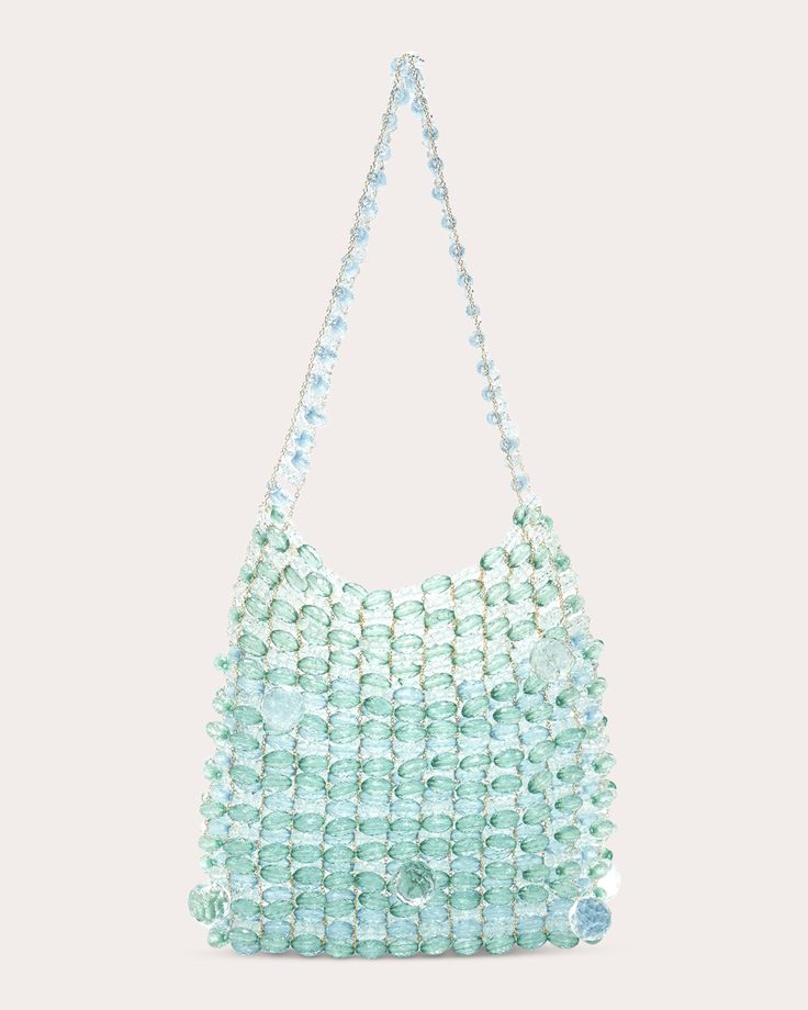 A display of exceptional craftsmanship, the Gigi bag is brought to life in a combination of ombré and crystal beads for a light-reflecting effect. The unlined silhouette is strung with gold chain detailing, adding elevated glamour to this statement piece.Open topUnlinedGold chain detailsCrystal beaded bodyStore in dust bagMade in the Philippines Measurements Width: 8in Height: 9in Depth: 2in Crystal Pouch, Beaded Shoulder Bag, Special Occasion Outfits, Day Bag, Beaded Bags, Small Accessories, Perfect Bag, The Philippines, Green Bag