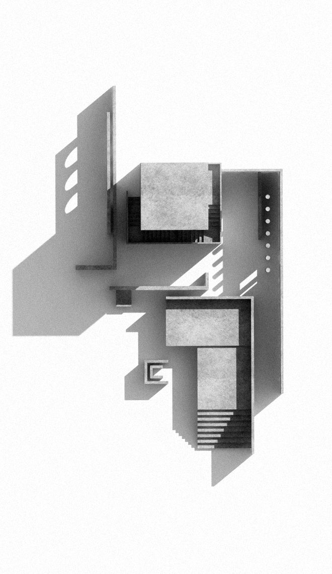 an aerial view of the floor plan of a house in black and white with shadows