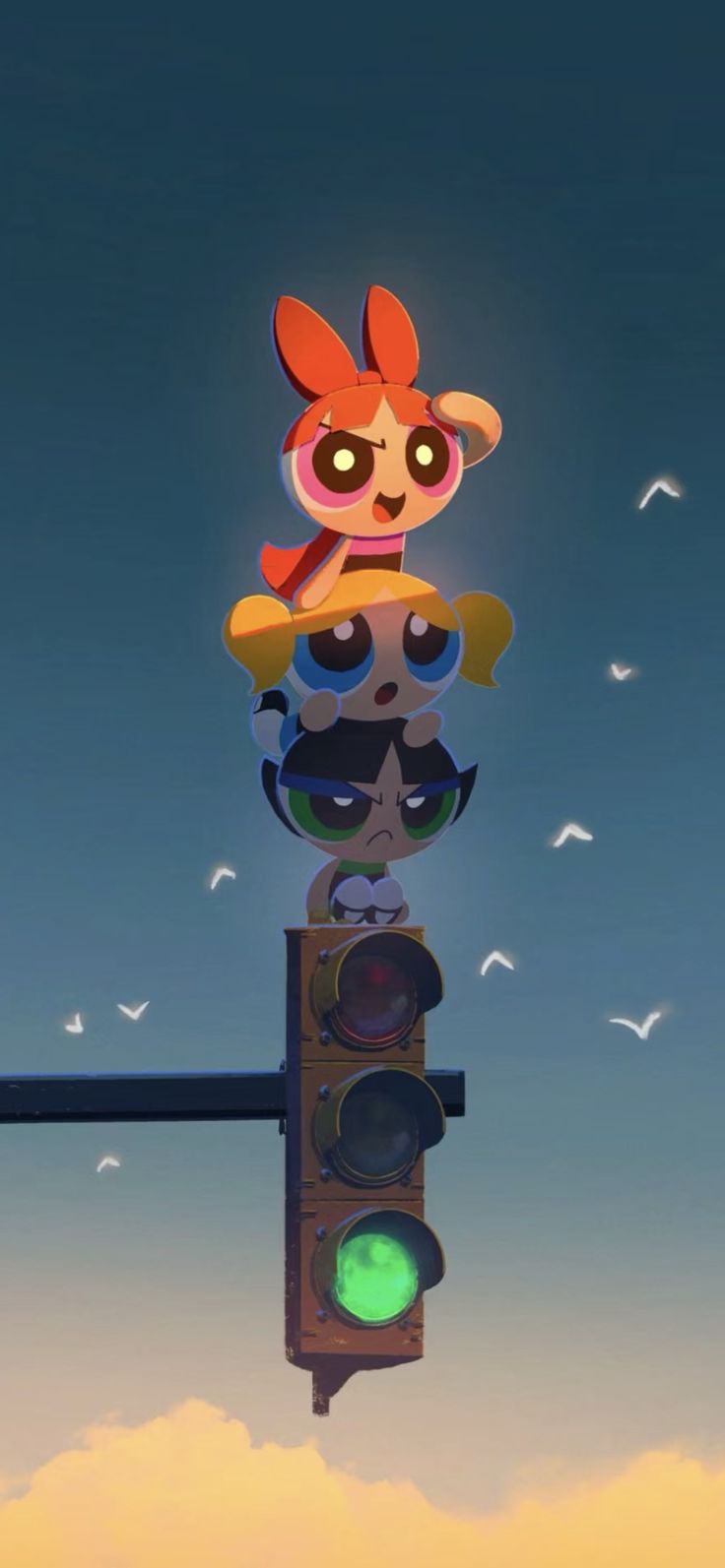 a traffic light that has some cartoon characters on it's head above the street lights