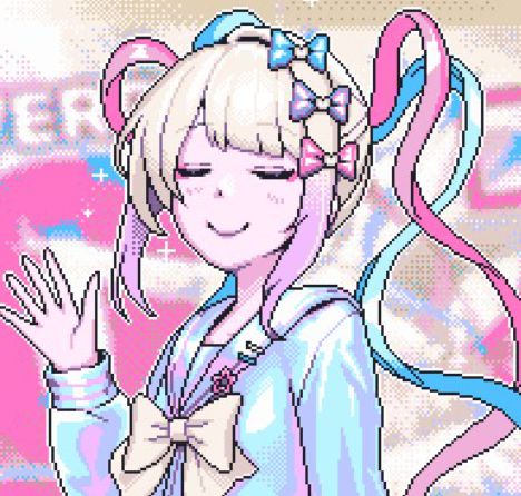 an anime character holding her hand up in front of pink and blue background with stars