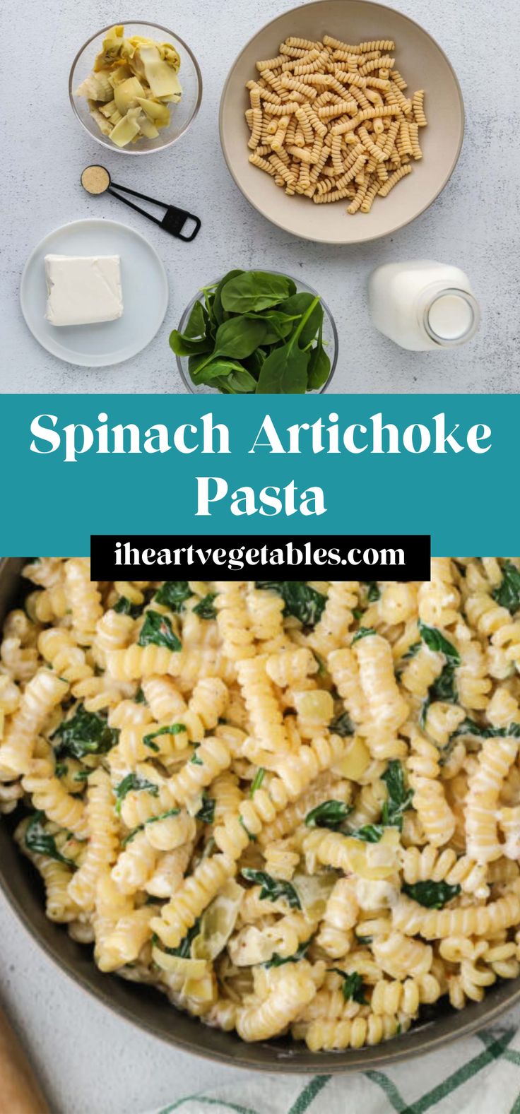 spinach artichoke pasta in a skillet and ingredients