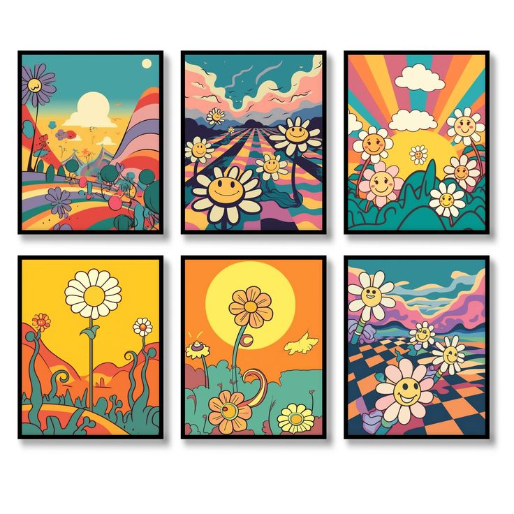 four colorful paintings with flowers and mountains in the background