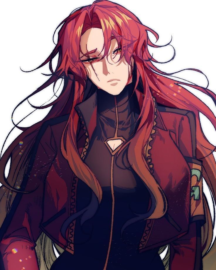 an anime character with long red hair wearing glasses and a black top, standing in front of