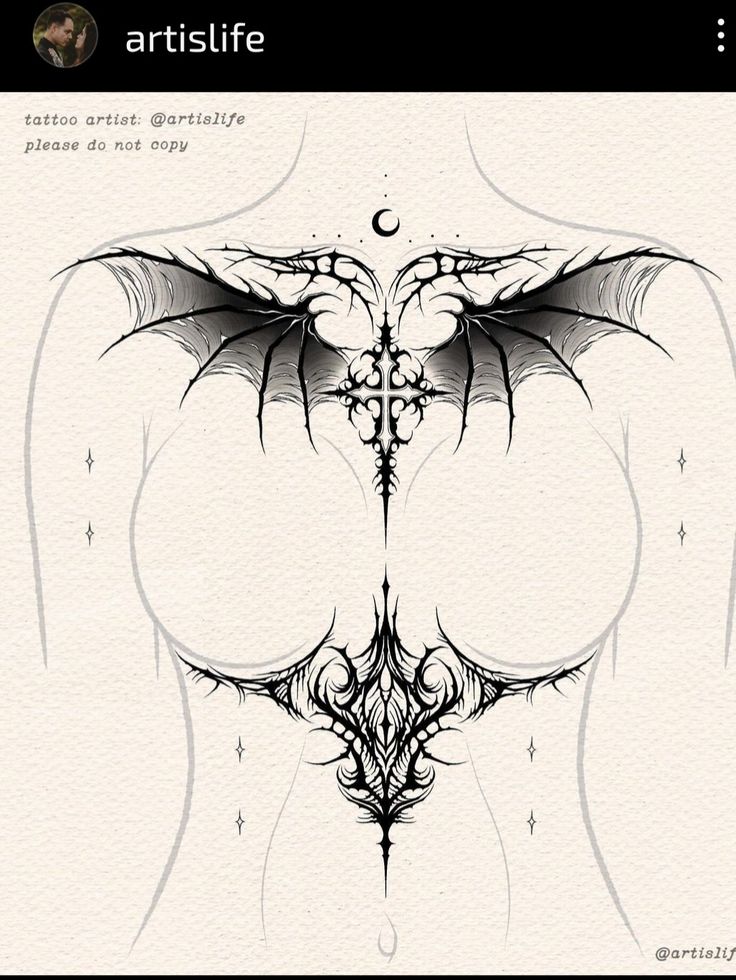 the back of a woman's torso with wings on it, and an artistic tattoo design