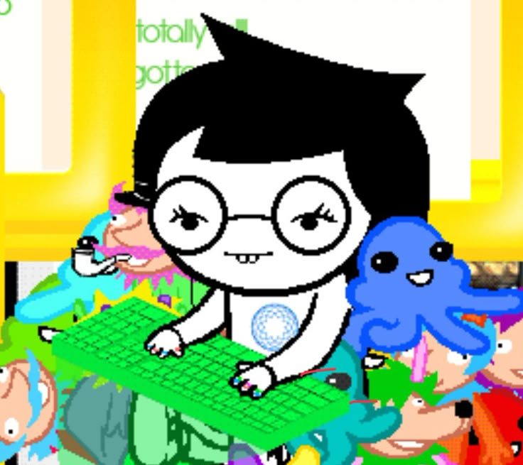 an animated image of a boy with glasses on using a keyboard and surrounded by other cartoon characters