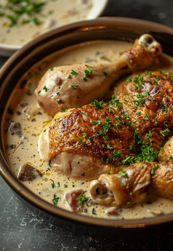 two pieces of chicken sitting in a bowl with sauce and parsley on the side