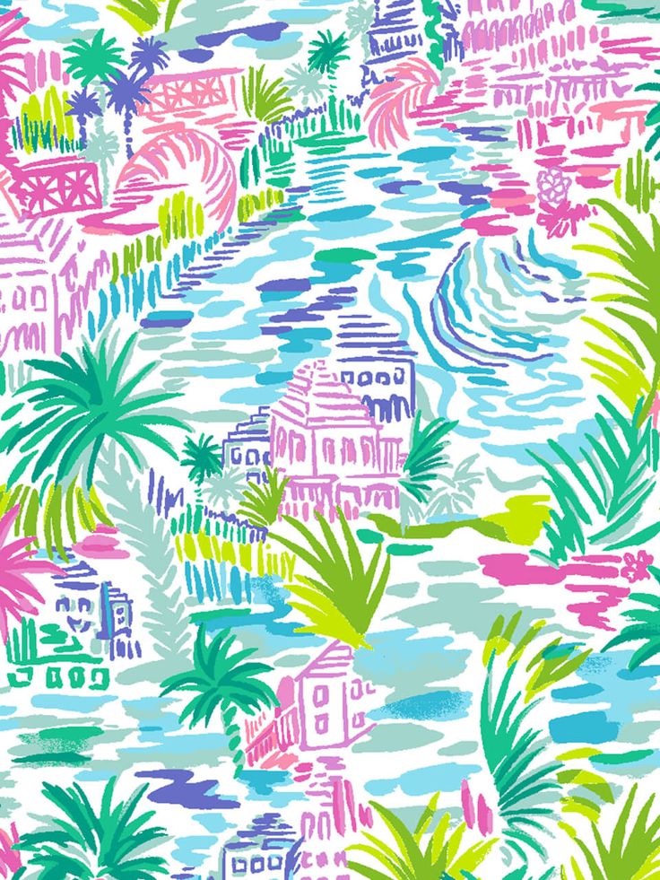 a colorful wallpaper with palm trees and buildings