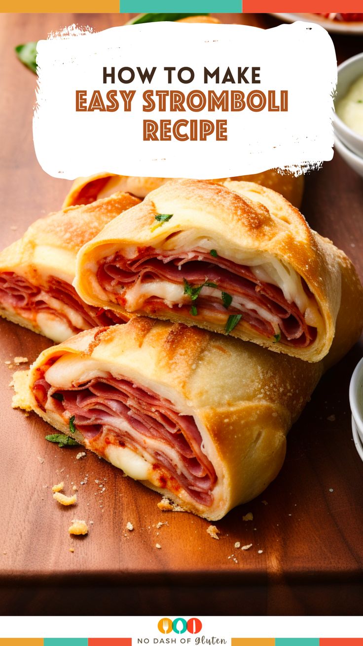 two sandwiches cut in half sitting on top of a wooden cutting board with text overlay that reads how to make easy stromboli recipe