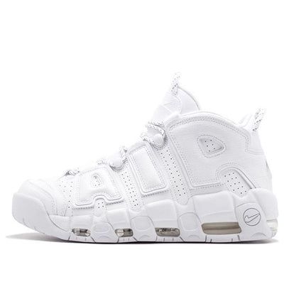 The Nike Air More Uptempo 'Triple White' is a timeless classic. Its iconic silhouette is crafted with a white leather upper and a rubber sole for a sleek and comfortable look. This sneaker is inspired by the 1996 Chicago Bulls 72-10 record-breaking season and the perfect performance of the Air More Uptempo on the court. It is the perfect choice for any activity, from a casual day out to a basketball game. The 'Triple White' colorway is a timeless classic that will never go out of style. Get your pair of the Nike Air More Uptempo 'Triple White' and make a statement. (SNKR/Unisex/Pure White) Summit White Sneakers For Streetwear, Summit White Sneakers For Streetwear With Round Toe, Summit White Round Toe Sneakers For Streetwear, Classic White Sneakers With Rubber Sole, Classic White Sneakers For Streetwear, Classic White Low-top Basketball Shoes, Classic Basketball Shoes With Boost Midsole, Classic Leather Basketball Shoes With White Sole, Classic High-top Sneakers With Cushioned Footbed For Streetwear