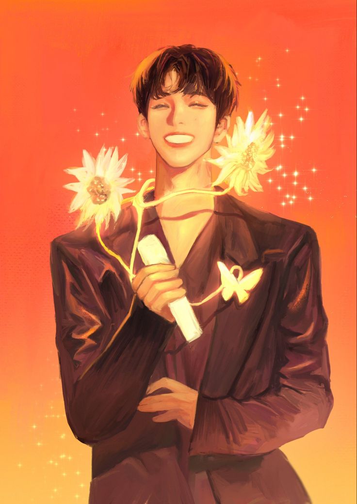 a painting of a man with flowers in his hair holding a microphone and smiling at the camera