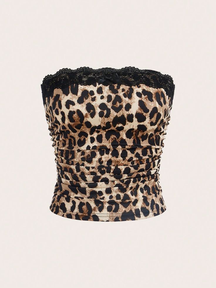 Plus Size Leopard Print Lace Trim Backless Camisole Top For Women Multicolor Casual  Sleeveless Knitted Fabric Leopard Print,Textured Pattern  Medium Stretch  Women Plus Clothing, size features are:Bust: ,Length: ,Sleeve Length: Cheetah Print Tube Top, Leopard Print Tube Top, Leopard Clothes, Cheetah Print Top, Animal Print Tops, Leopard Top, Leopard Print Top, Layering Tanks, Bustier Top