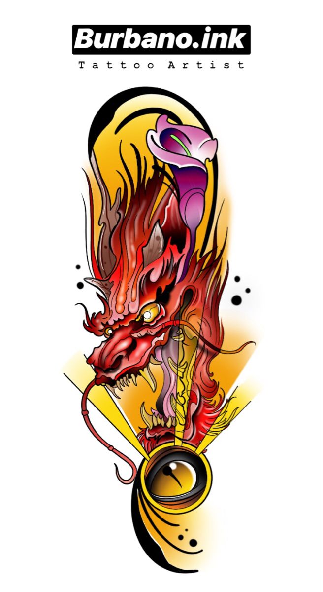 the back side of a tattoo design with an image of a red dragon on it