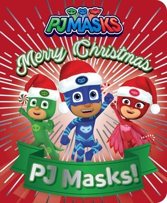 the pj masks christmas card is shown with three characters in santa hats and green ribbon