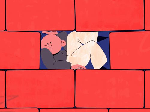 a cartoon character is peeking out from behind a brick wall with his head stuck in the bricks