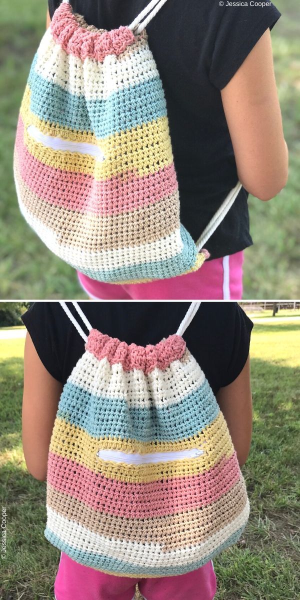 the back and side view of a crocheted bag with pink, blue, green, yellow, and white stripes