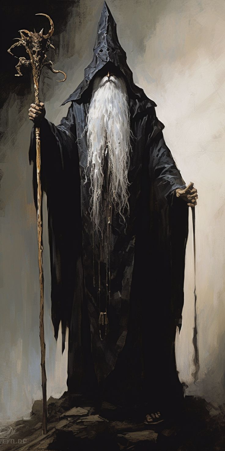 a painting of an old wizard with long white hair holding a staff and wearing a black robe