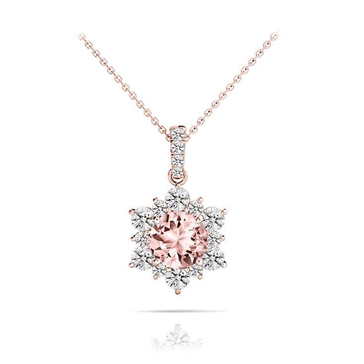 This exquisite diamond pendant features a beautiful 6 mm Morganite Center Gemstone encircled by a sunburst of diamonds suspended by a rose gold cable-link chain. Proudly made in the USA. Dazzling Rose Gold Necklace With Prong Setting, Rose Gold Necklace With Prong Setting, Rose Gold Pendant Diamond Necklace With Prong Setting, Rose Gold Diamond Pendant Necklace With Gemstone, Rose Gold Diamond Necklace With Gemstone, Rose Gold Morganite, Wedding Ring Necklaces, Top 10 Engagement Rings, Solitaire Pendant Necklace