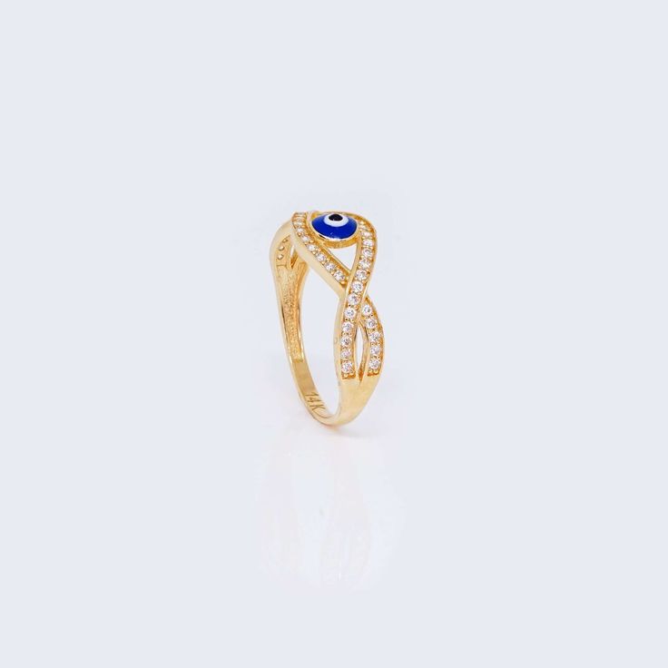 14K Gold Infinity Evil Eye Ring with Cubic Zirconia Stones Elegant Rings With Diamond Eyes For Anniversary, Elegant Ring With Diamond Eyes For Anniversary, Elegant Formal Rings With Diamond Eyes, Elegant Gold Rings With Diamond Eyes, Elegant Diamond Ring With Diamond Eyes For Promise, Elegant Evil Eye Rings As Gift, Elegant Evil Eye Jewelry For Anniversary, Elegant Evil Eye Rings, Round Cubic Zirconia Ring With Diamond Eyes