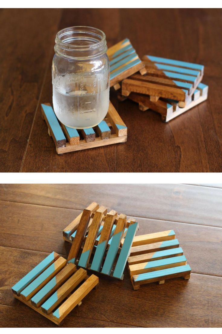 two pictures of wooden pallet coasters with water in the middle and one has a mason jar on top