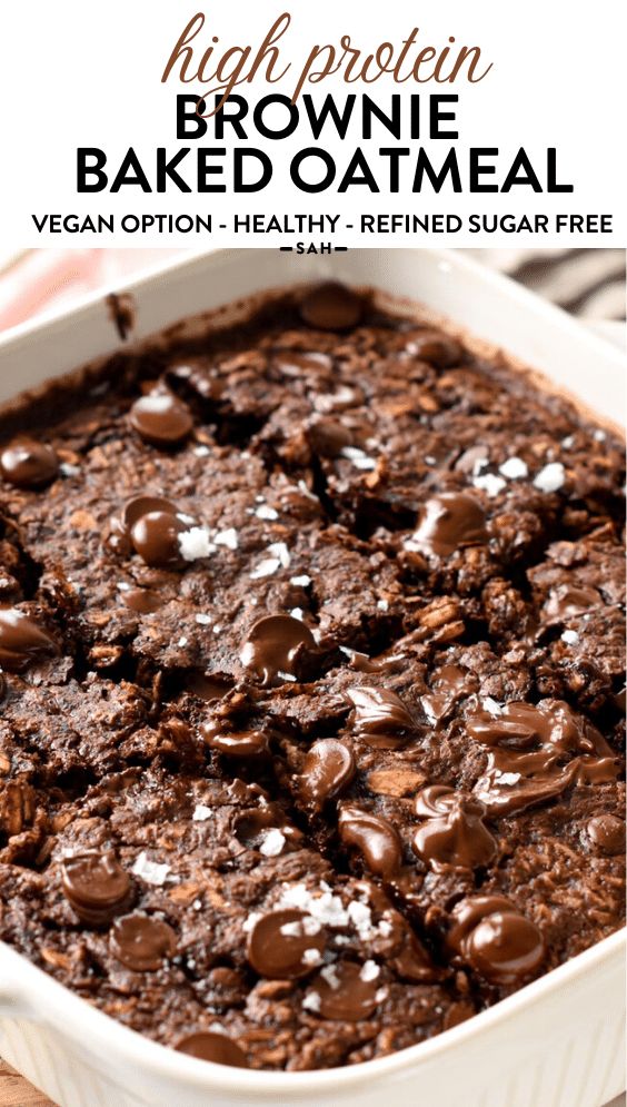 chocolate brownie baked oatmeal in a white dish with text overlay