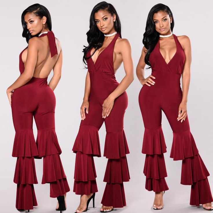 This sexy chic jumpsuit is perfect for your next night on the town. Featuring a halter style fitted top with a plunging v-neckline and and an open back with triple ruffled fitted pants. Made with cotton & polyester blend and comes in two fabulous colors from which to choose. Dance Competition Dress, Ruffle Jumpsuit, Jumpsuit Chic, Backless Jumpsuit, The Horn, Long Jumpsuits, Sleeveless Rompers, Halter Style, Look Stylish