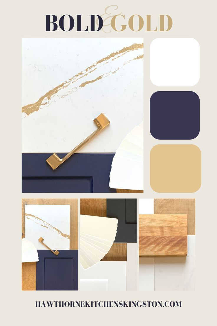 White and gold kitchen accessories with a splash of navy accent Kitchen Exposed Brick, Navy Blue Office, Indigo Kitchen, Gold Kitchen Hardware, Industrial Chic Kitchen, Teal Bathroom Ideas, Kitchen Color Palettes, Kitchen Cozy, Navy Blue Kitchen