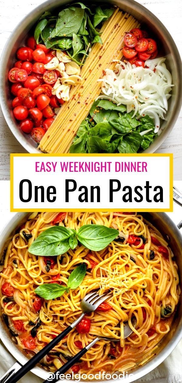 one pan pasta with tomatoes, spinach and basil in it is the perfect meal to make