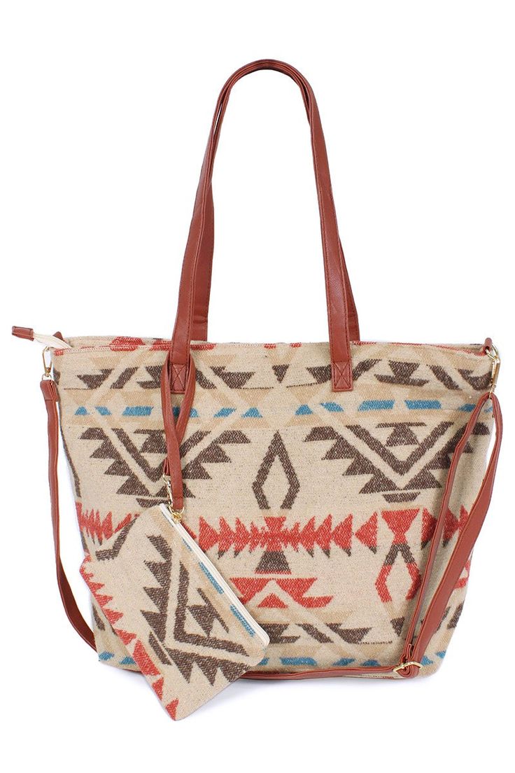 FINAL SALE This Aztec Tote Bag is the ideal travel companion with its spacious size of 19" X 13.5" and detachable pouch size of 7.5" X 5.5". Perfect for an overnight trip, it offers convenience and versatility for your on-the-go lifestyle. Keep your essentials organized and easily accessible with this stylish and functional bag. Beige Laptop Tote With Adjustable Strap, Aztec Bag, Boho Tote, Southwestern Print, Card Purse, Bags Handmade, Leather Bags Handmade, Weekender Tote, Earmuffs