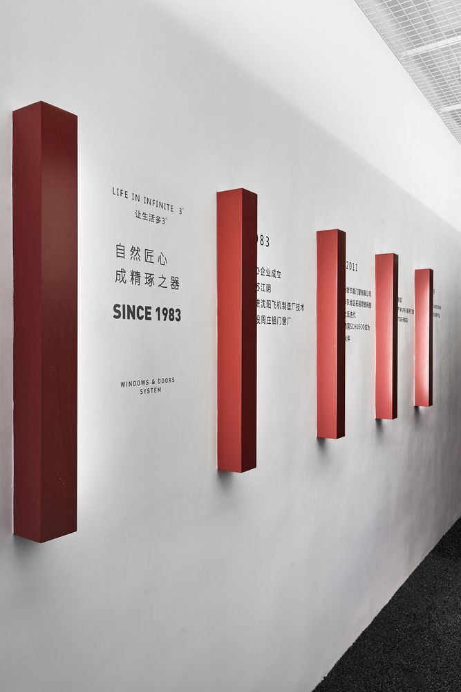 the wall is lined with red and white letters