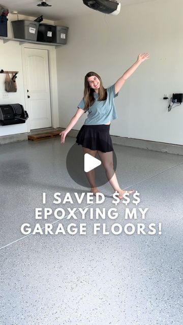 a woman standing in an empty garage with her arms out and the words i saved $ 5