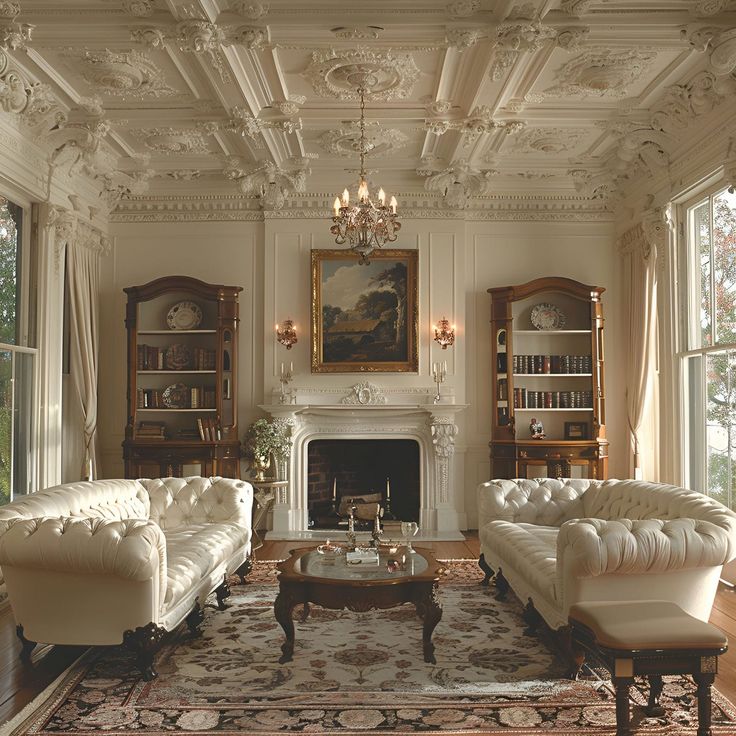 Discover the timeless elegance of a parlor with ornate Victorian ceilings and white walls, highlighted by plush cream sofas and an antique fireplace. The room features intricate ceiling carvings, vintage rugs, and large windows that flood the space with natural light, adding to the classic and sophisticated ambiance. Classical Room Interior, Victorian Mixed With Modern, Victorian White House, Vintage Mansion Living Room, House With Antiques, Light Victorian House, Traditional Victorian Living Room, Victorian House Interiors Vintage, Antique Ceiling Design