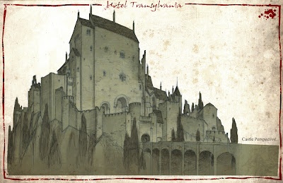 an old drawing of a castle with gothic writing on it's front and side walls