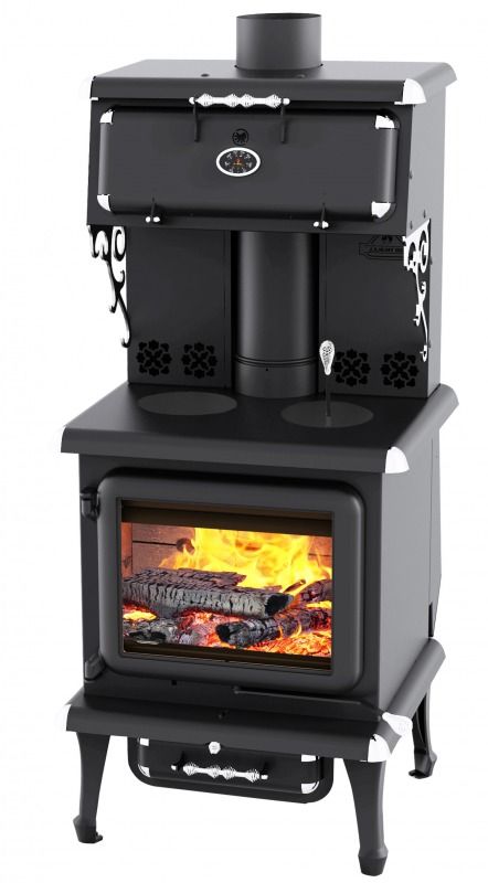 a black stove with an open door and fire on it's side, in front of a white background