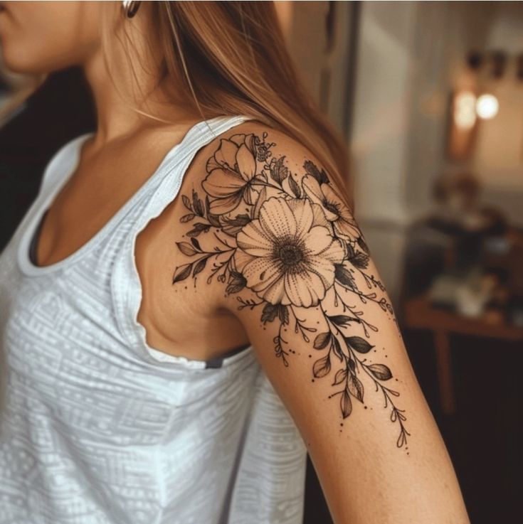 a woman with a flower tattoo on her arm