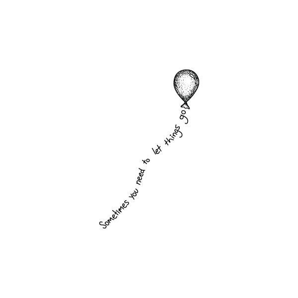 a black and white drawing of a balloon flying in the sky with words written on it