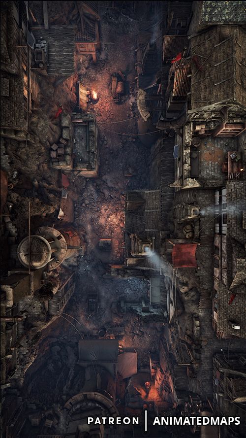 #animatedmaps #animateddungeonmaps #dnd #fantasy #underground #animated #battlemap #shanty #day #street #rift #crack #poor #shelter #day #town #city #ruins #slums #ramshackle Dnd Alley Battle Map, Slums Fantasy Art, Battlemaps Dnd City, Fantasy Slums, Animated Battlemap, Dnd City, Dnd Aesthetic, Dnd Resources, City Ruins