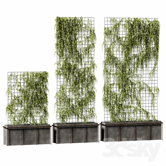 three planters with plants growing on them in front of a white background and the bottom one is made out of metal grids