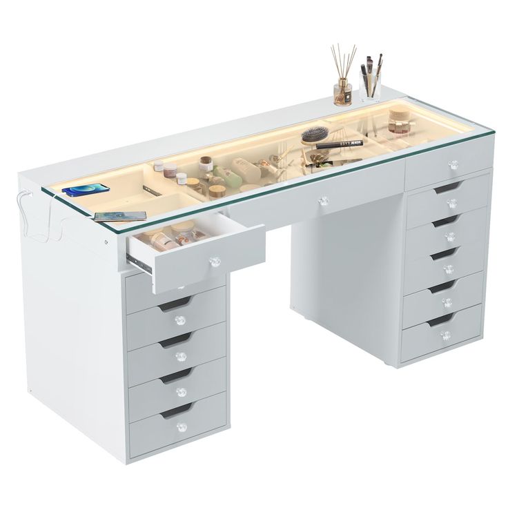 a white desk with drawers and an illuminated drawer underneath it is shown in front of a white background