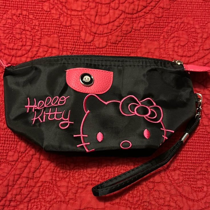 Hello Kitty Black & Pink Cosmetic Bag. Laying Flat Measurements 5x9.5” Nwot Cute Black Bag With Zipper Pouch, Cute Black Zipper Pouch Bag, Trendy Black Bag With Hello Kitty Print, Black Hello Kitty Print Bag For Daily Use, Black Hello Kitty Print Travel Bag, Black Hello Kitty Travel Bag, Pink Cat Design Pouch Bag, Hello Kitty Bags, Hello Kitty Black