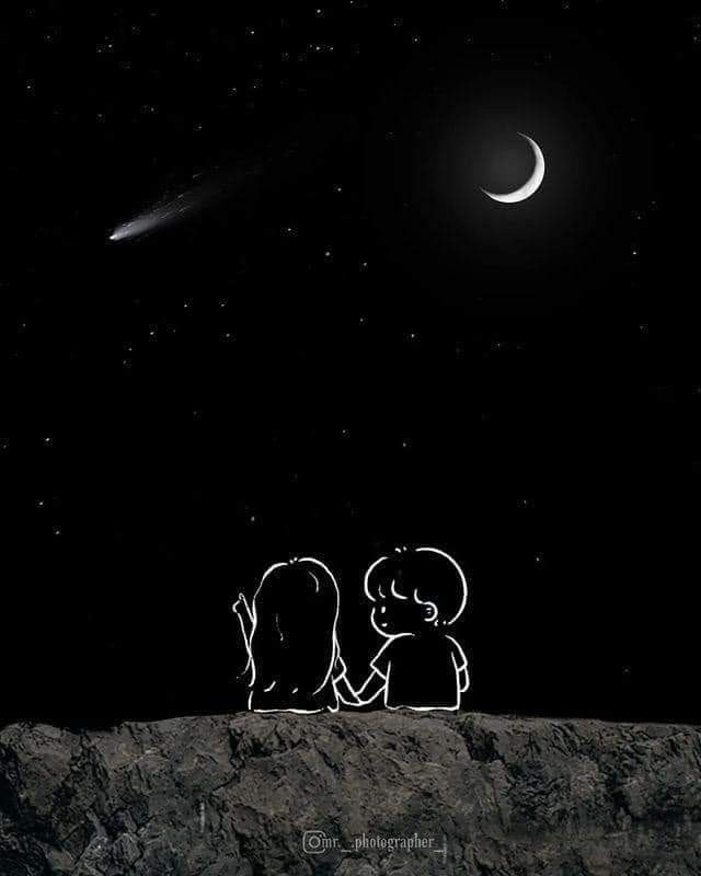 two people sitting on top of a hill under a crescent moon and the stars in the sky