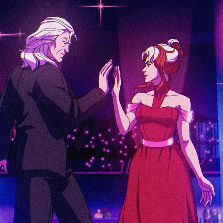 an animated man and woman standing next to each other in front of a purple background