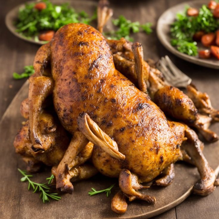 a whole chicken on a plate with carrots and parsley