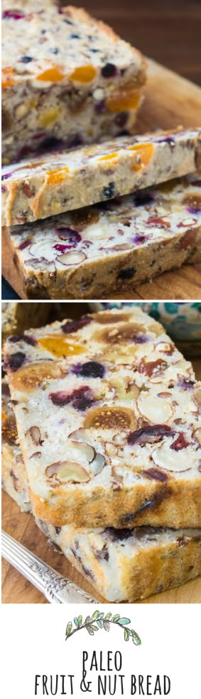 fruit and nut bread on a cutting board with the title above it in two pictures