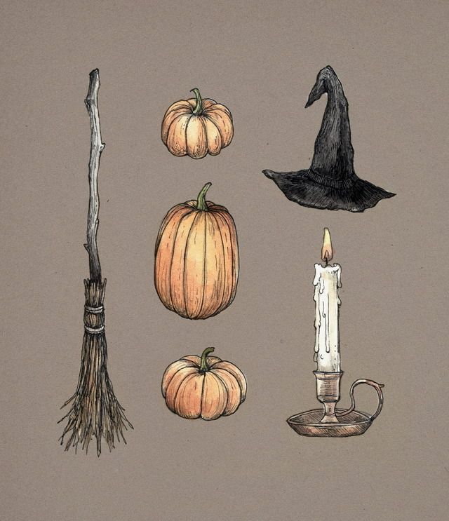 a drawing of pumpkins, witch's hat and candle