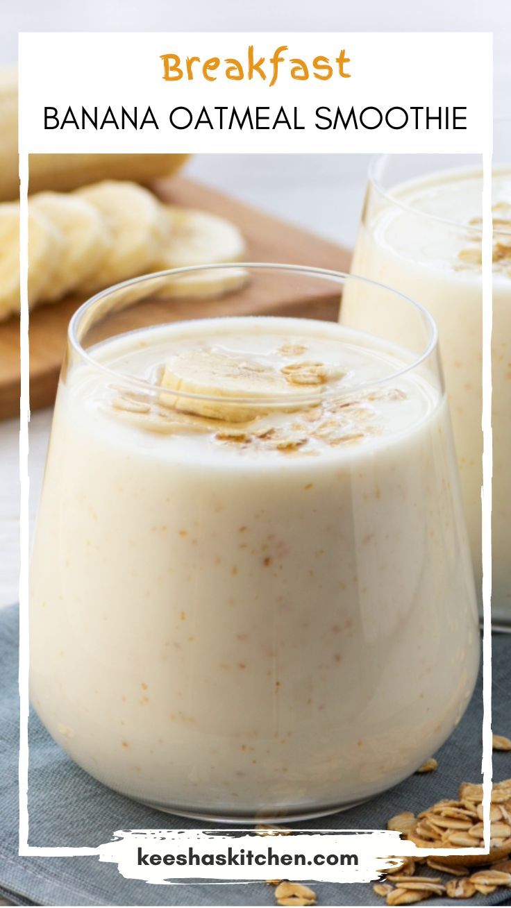 two glasses filled with oatmeal sitting on top of a blue napkin next to bananas