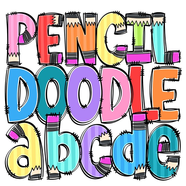 the words pencil doodle are drawn in different colors and shapes, including letters that appear to